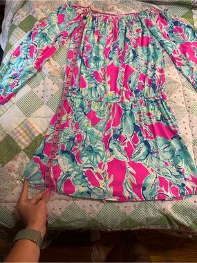 Lilly Pulitzer Pink and Aqua Floral Off-Shoulder Dress